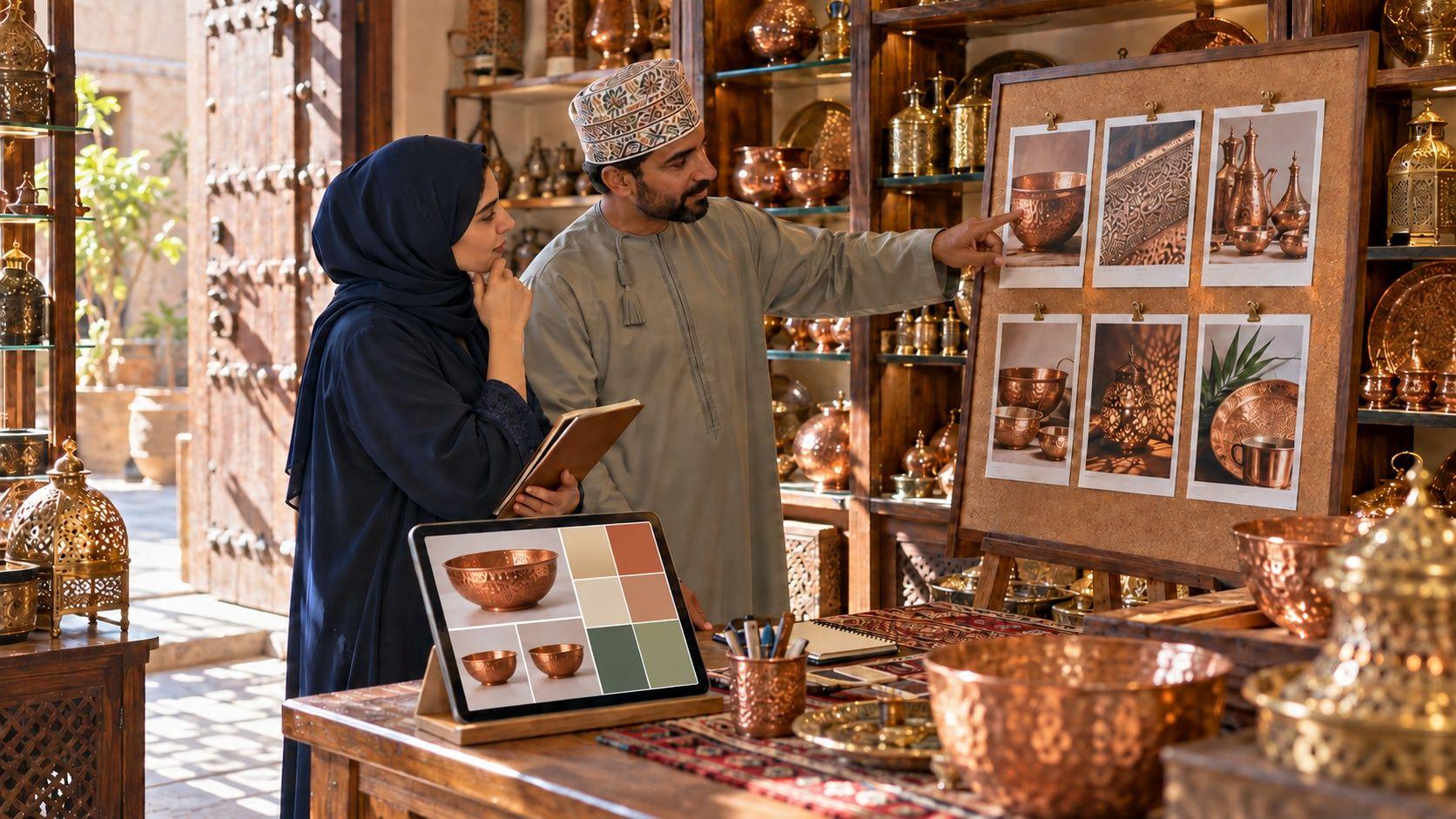 Generated Muscat copperware shop proprietor and colleague reviewing product marketing materials in the Sultanate of Oman