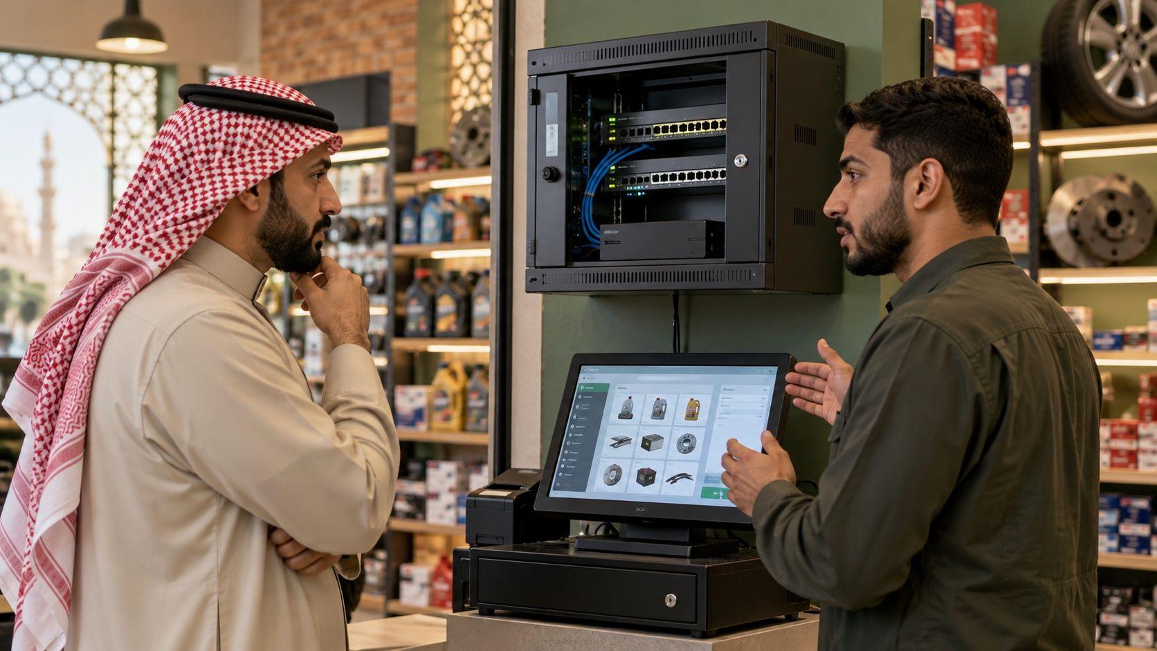 Generated Saudi business owner and Arab developer reviewing a sales-system connection in an automotive parts shop