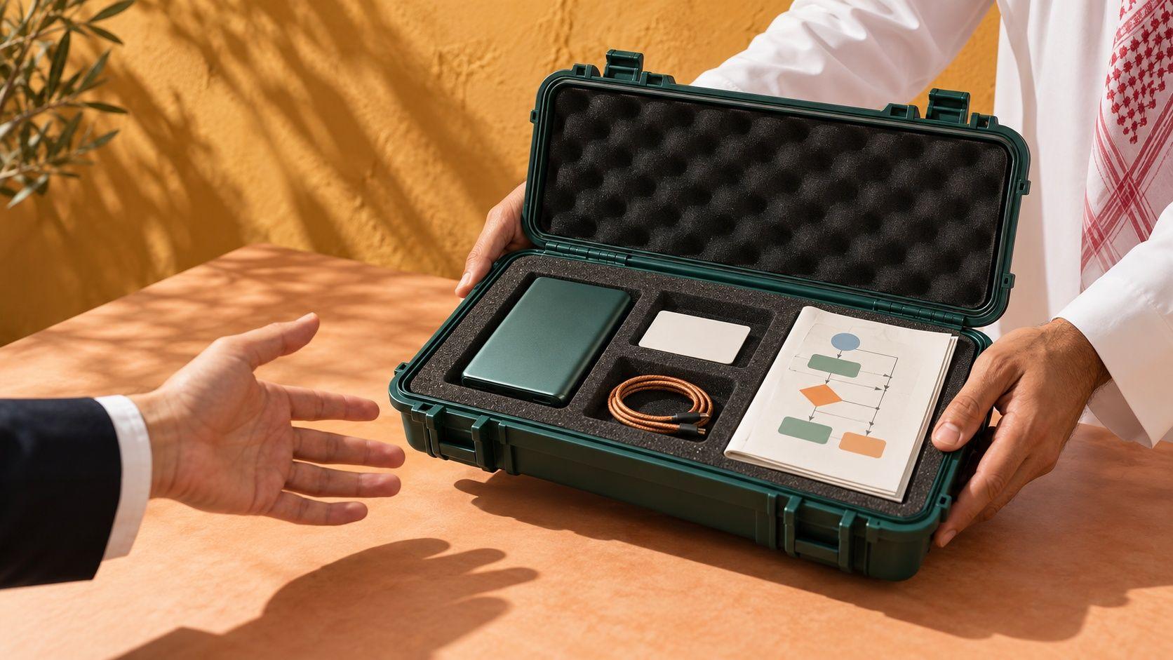 Conceptual handover of a case containing storage, access and workflow documentation assets