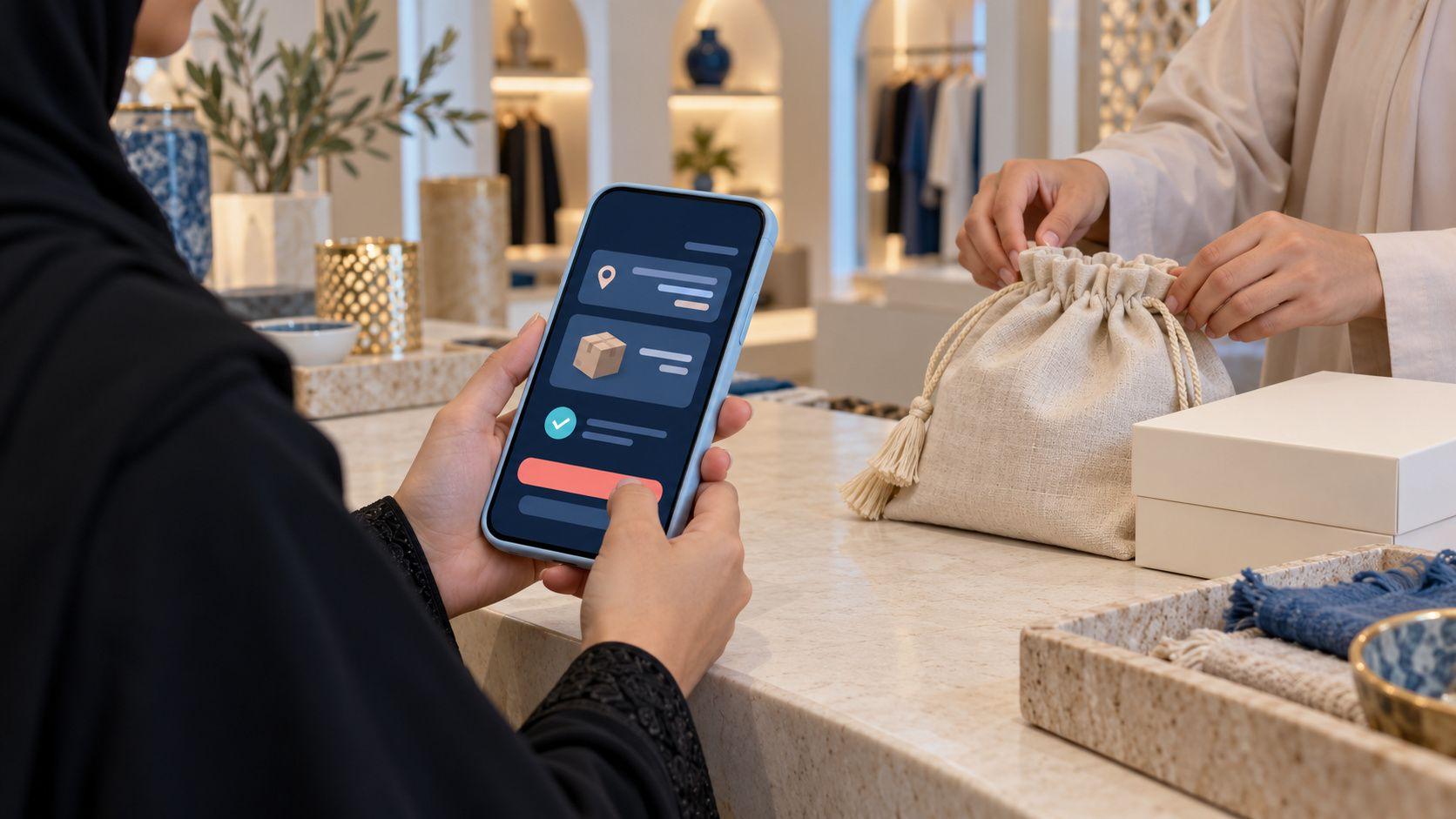 Generated UAE merchant checking a fictional Arabic mobile checkout at a boutique counter