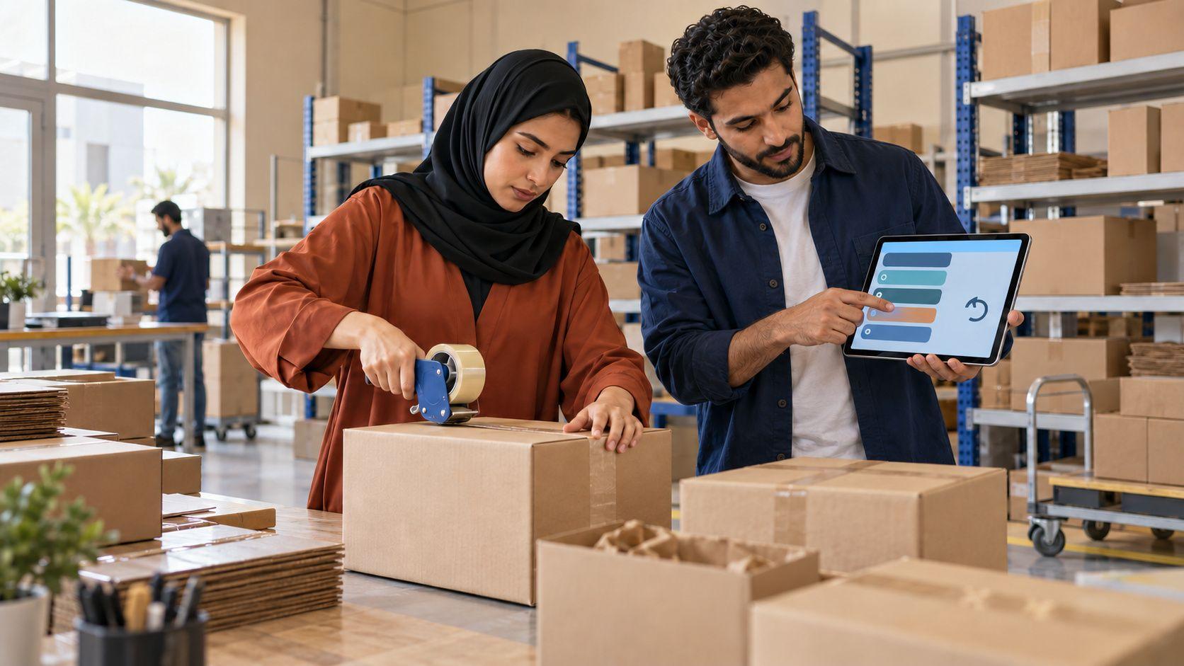 Generated Sharjah fulfillment team reviewing a fictional shipment and return workflow beside plain parcels