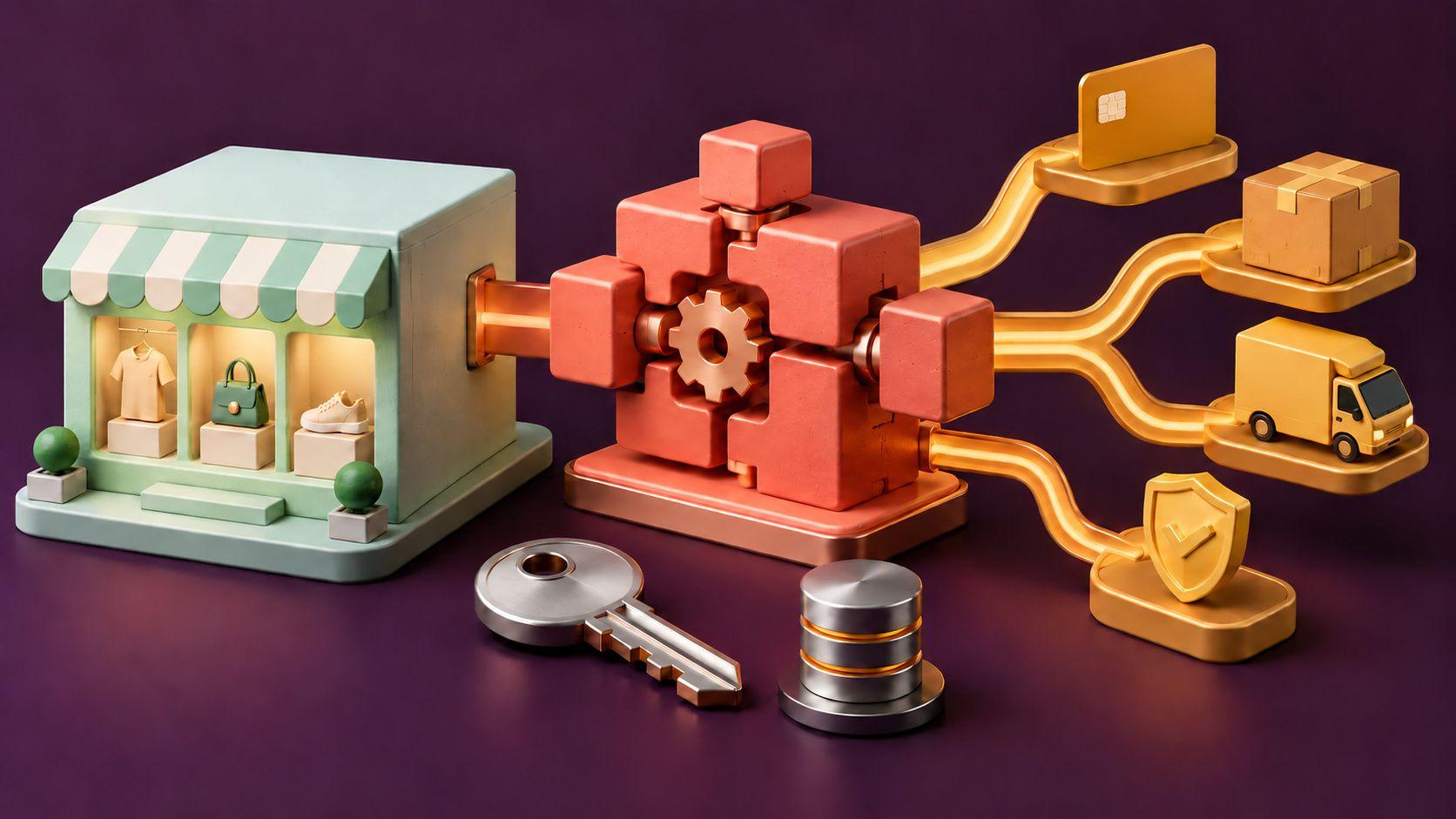 Original commerce architecture sculpture showing storefront, modular engine, logistics paths and ownership key