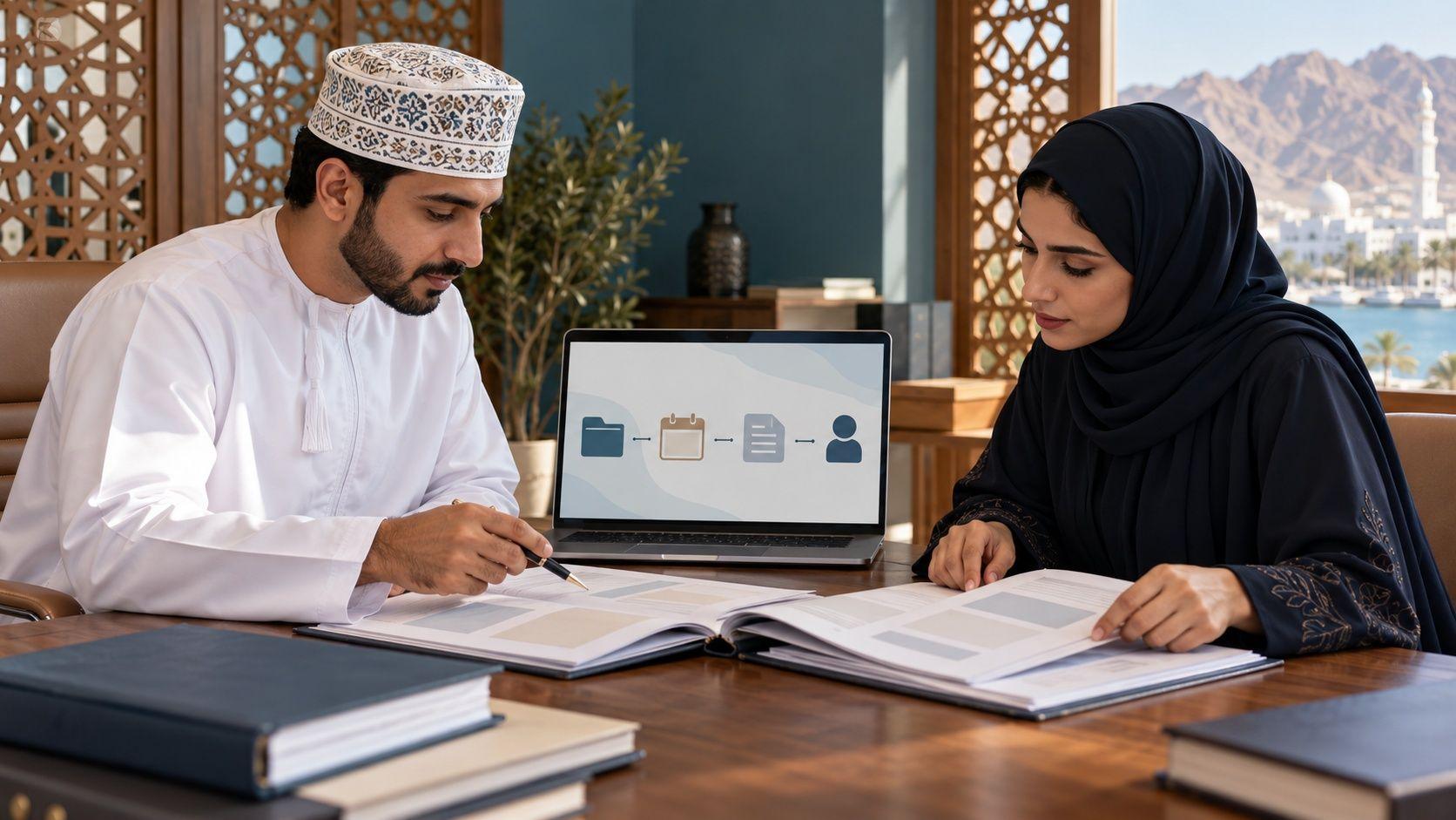 Generated Muscat legal-office case review in the Sultanate of Oman with a conceptual workflow interface