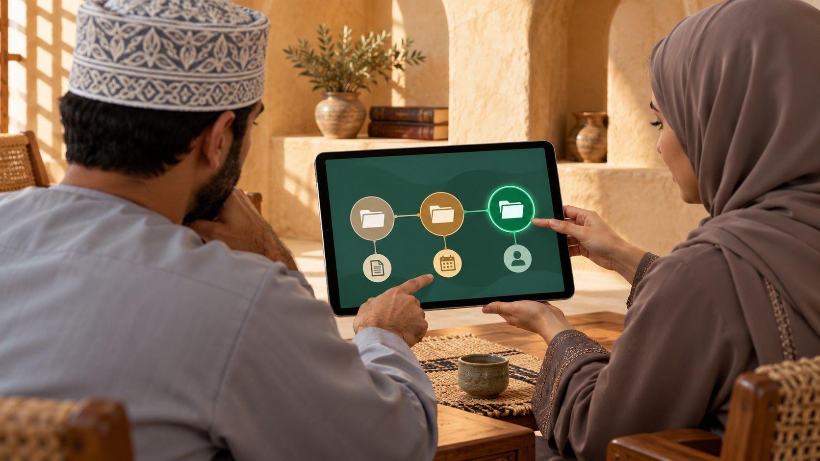 Generated Nizwa law-office client and administrator reviewing fictional case progress on a conceptual tablet interface