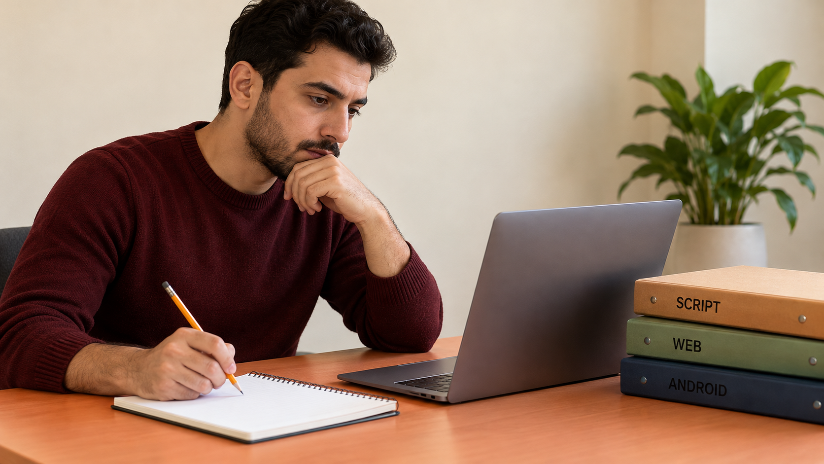 متعلّم يكتب في دفتر بجانب ملفات سكربت وويب وأندرويد