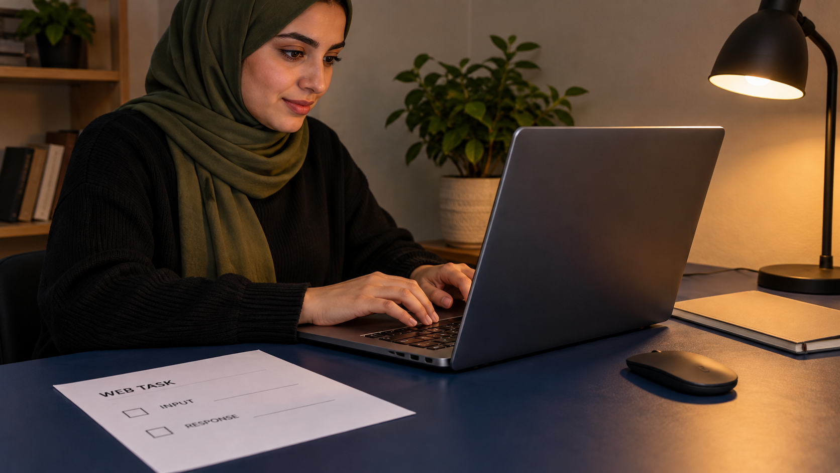 متعلّمة تستخدم حاسوباً بجانب ورقة مهمة ويب فارغة
