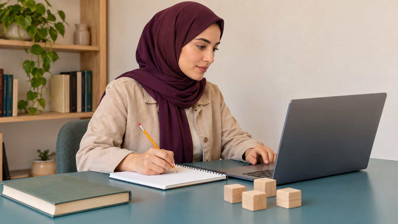 متعلّمة تراجع دفترًا بجانب قطع تعلم خشبية وحاسوب