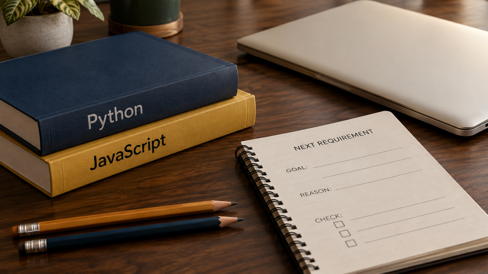 كتابا Python وJavaScript مغلقان مع دفتر متطلب تالٍ فارغ
