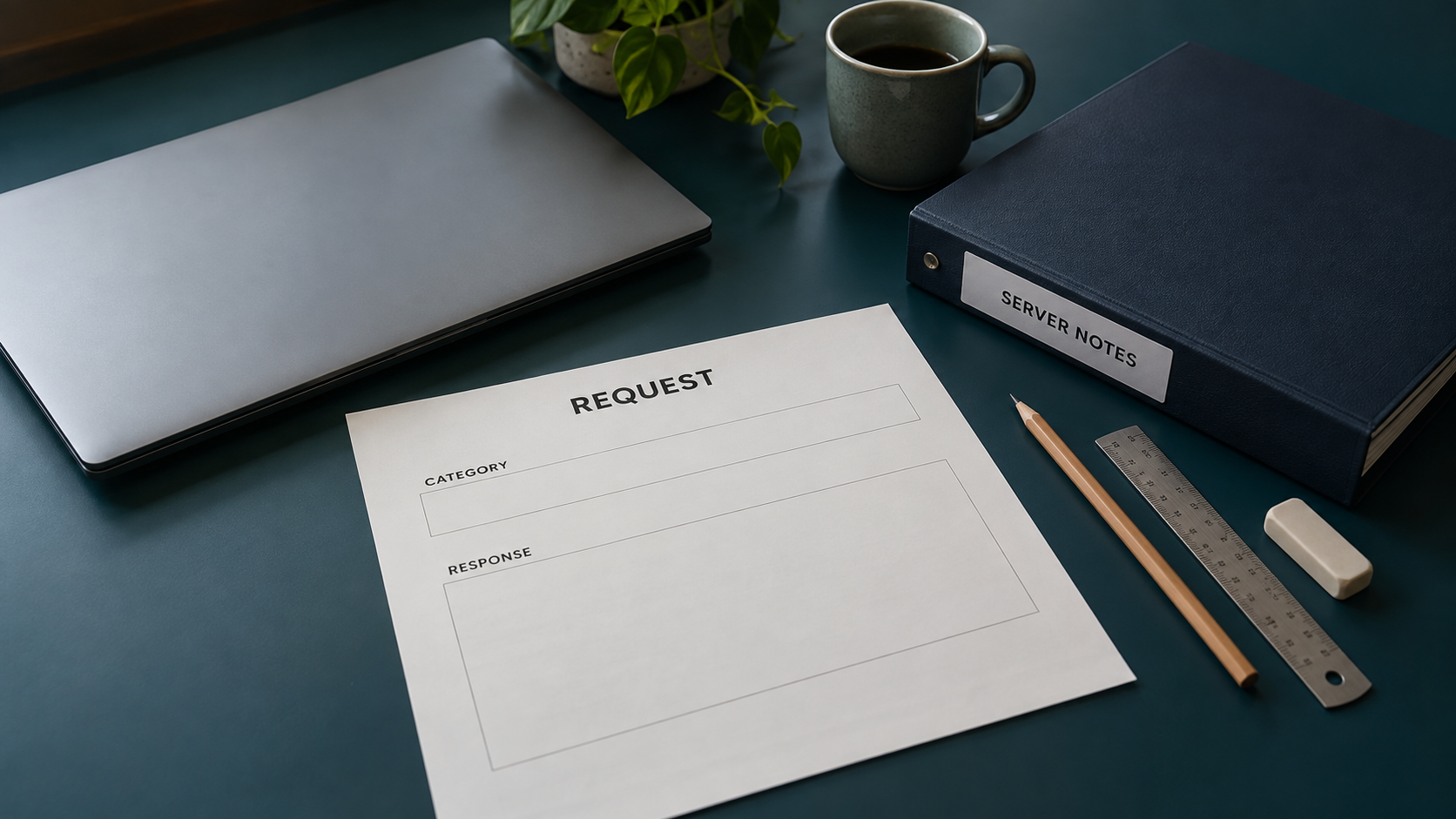 Blank request sheet and server-notes binder beside stationery