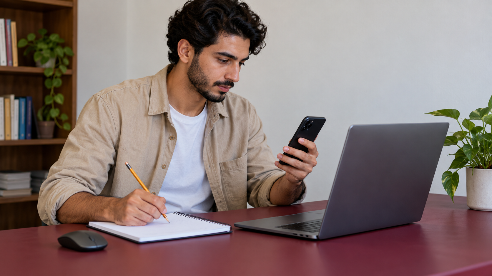 Learner holding a phone and taking notes beside a laptop with its screen facing away