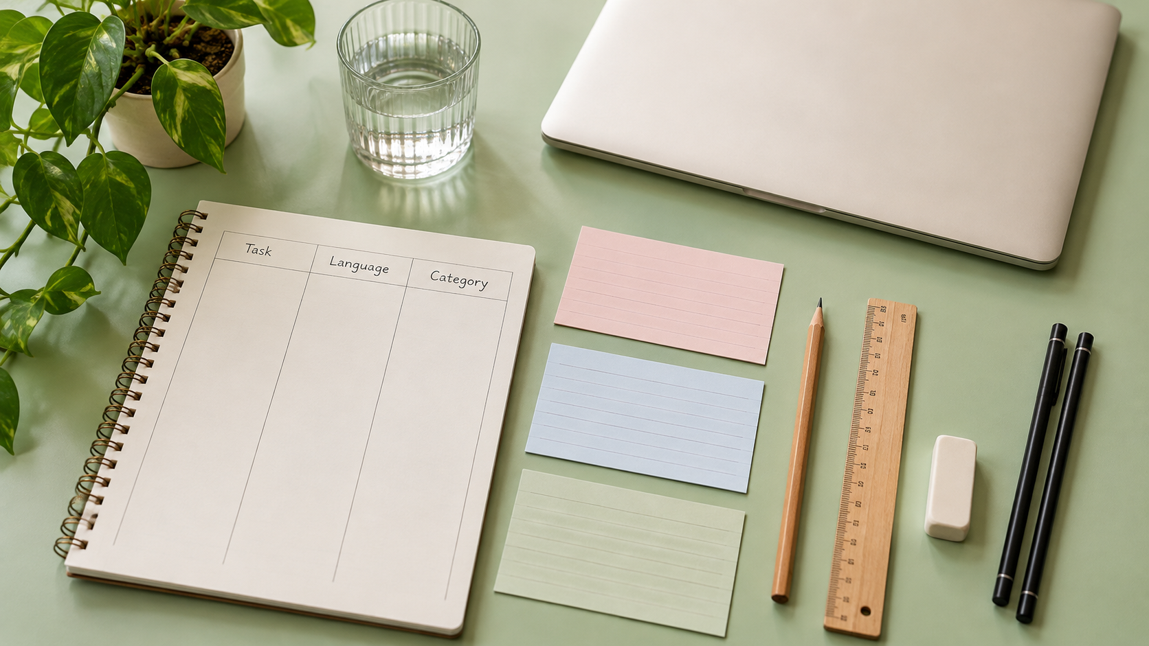 Blank field notebook, paper cards and stationery beside a closed laptop