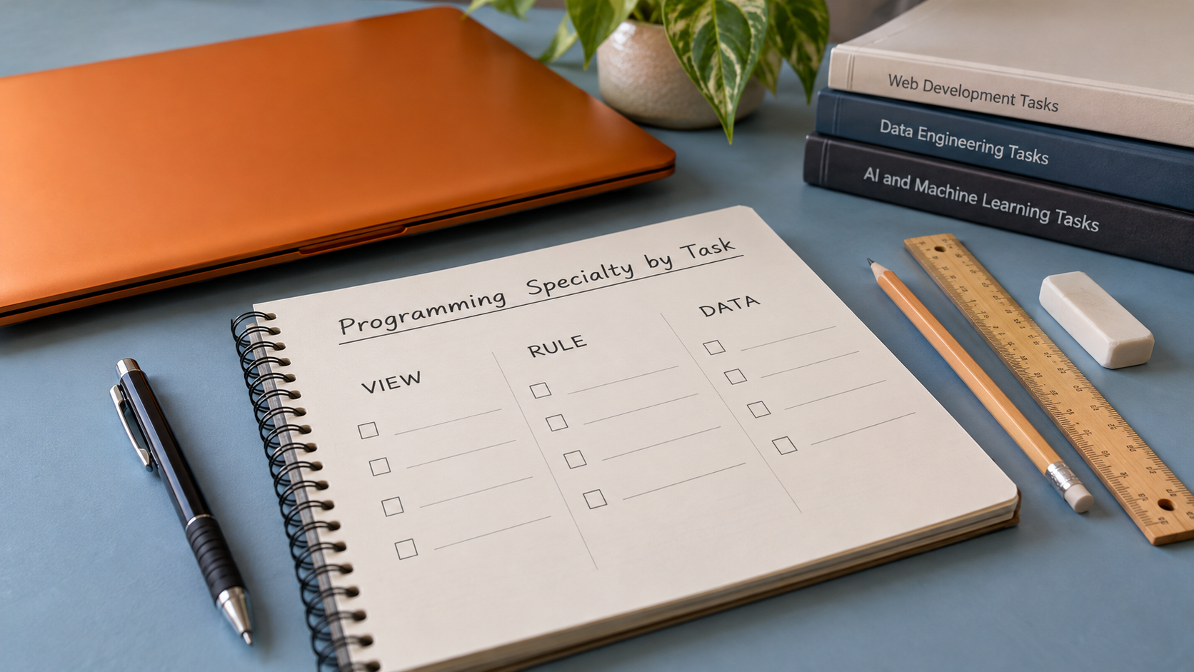 Stationery and a blank planning notebook comparing view, rule and data tasks