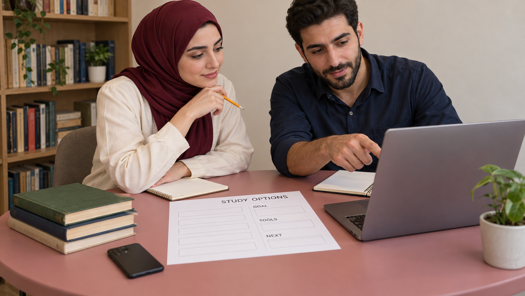 Two learners discussing study options in a fictional indoor setting