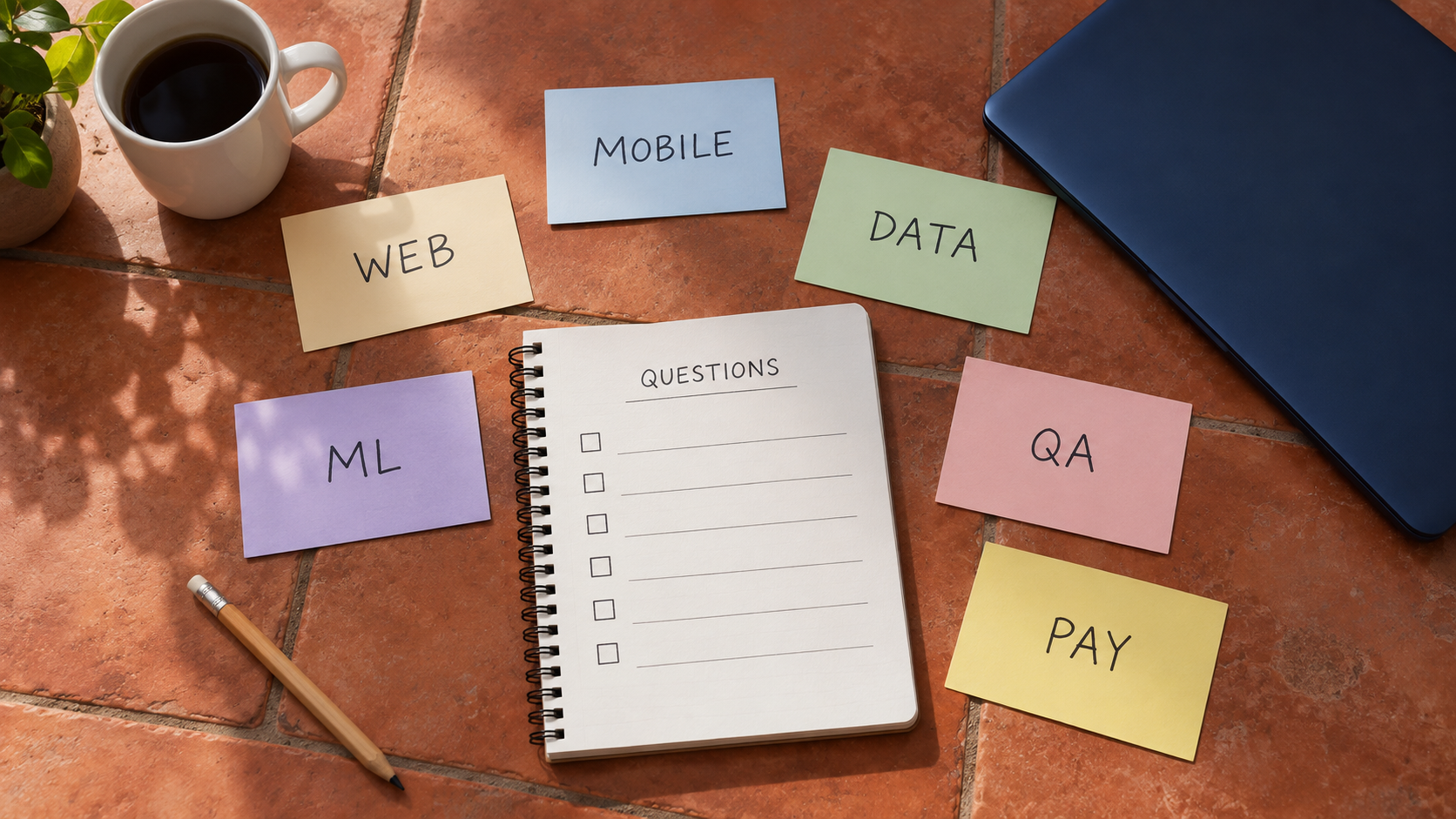 Question cards covering web, mobile, data, machine learning, quality and pay