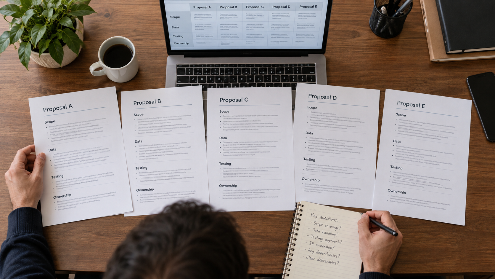 A buyer comparing unbranded software proposals by scope, data, testing and ownership in a generated scene