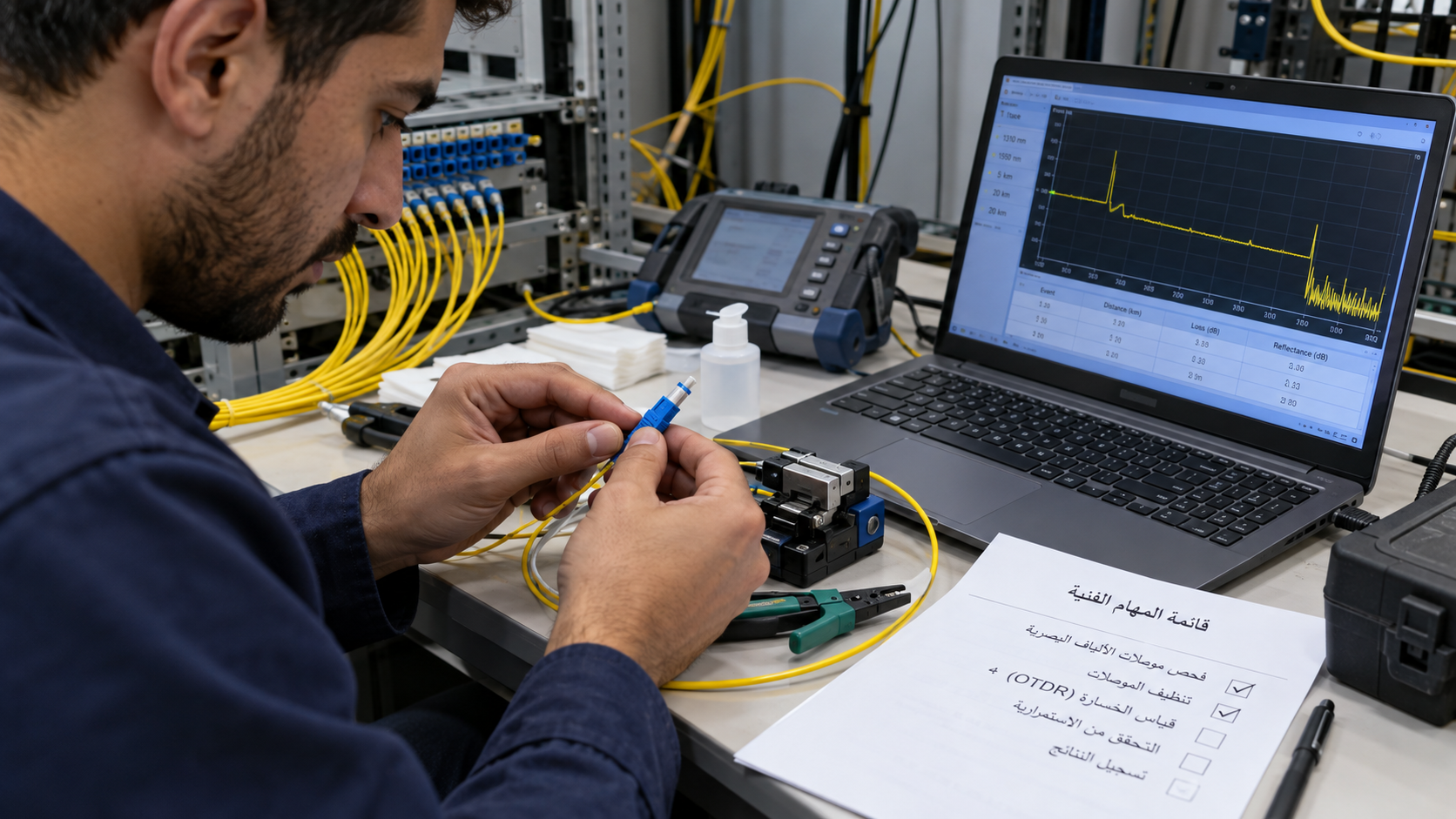 A telecom engineer checking fiber connections and diagnostic equipment in a generated explanatory scene