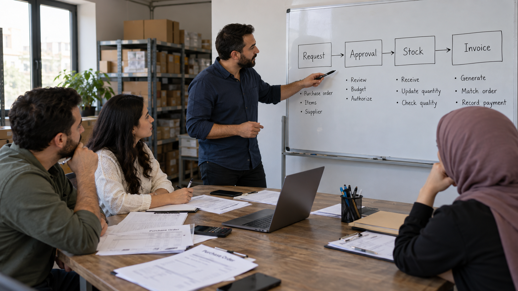 A wholesale team mapping requests, approvals, stock and invoices on a whiteboard in a generated scene