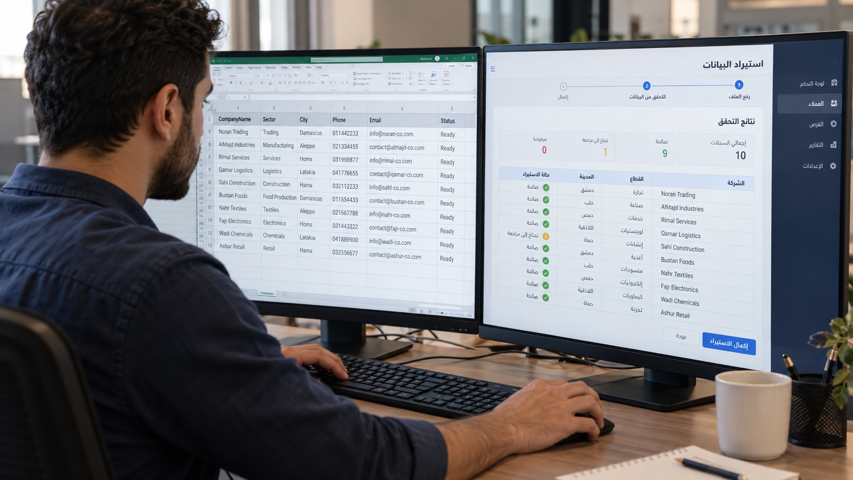 A developer checking sample spreadsheet records against an Arabic application's import results in a generated image