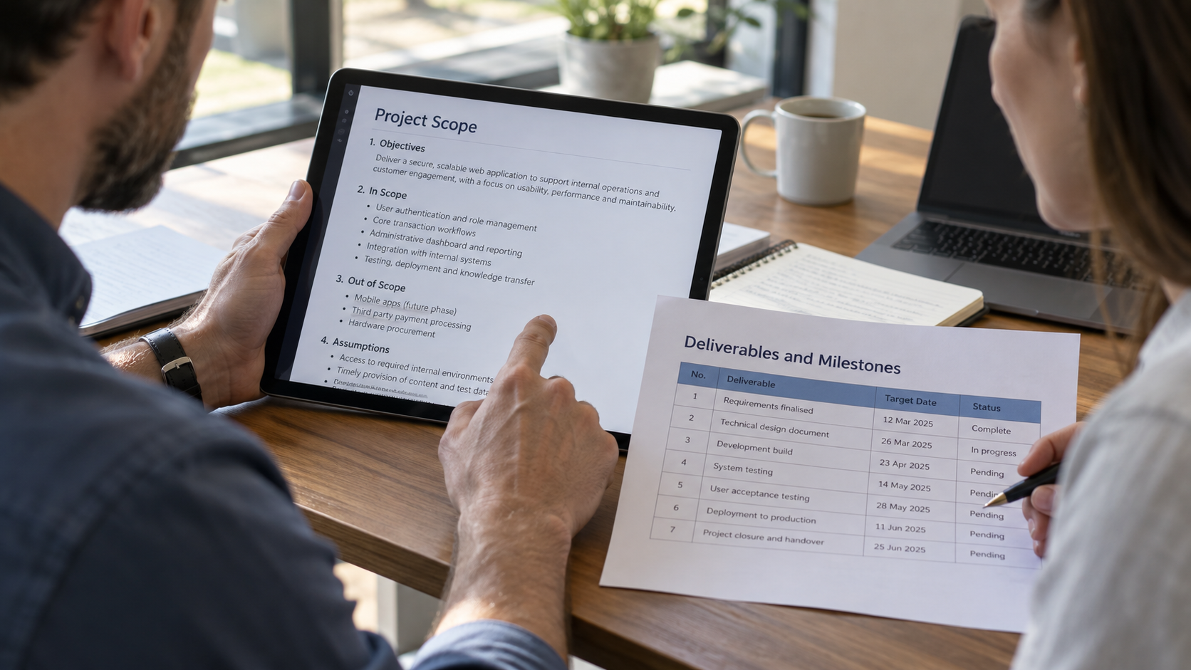 A client and project manager reviewing software scope and delivery stages without numerical prices in a generated scene