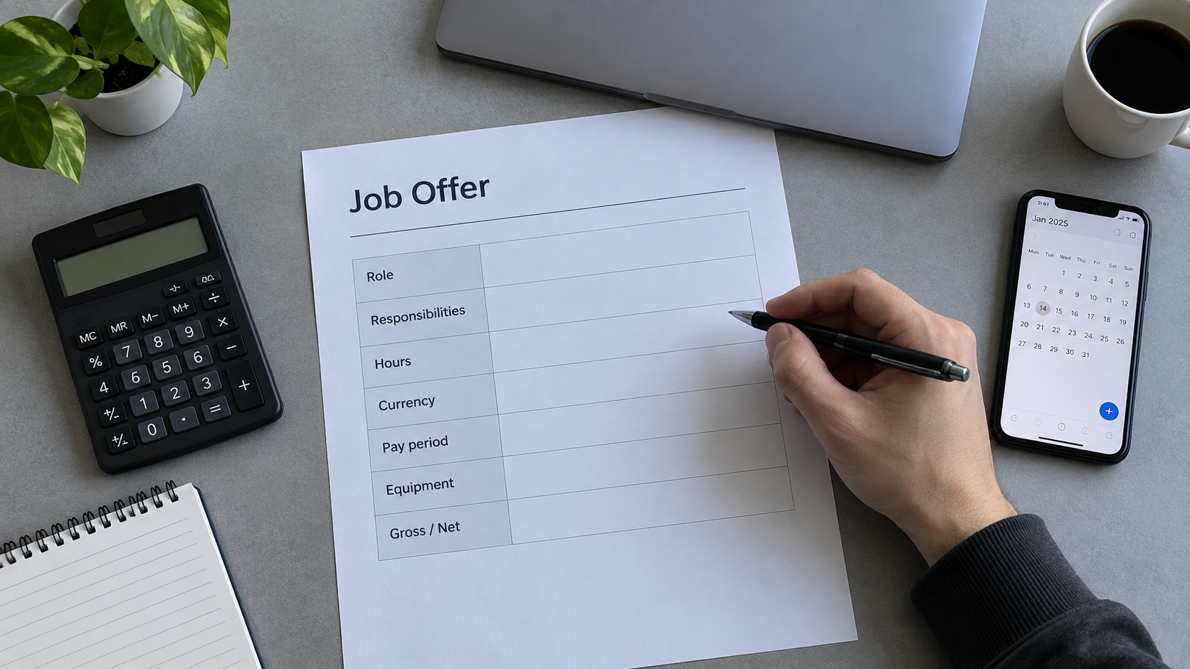 Reviewing programmer employment terms, hours, currency and pay period in a generated scene without a salary amount