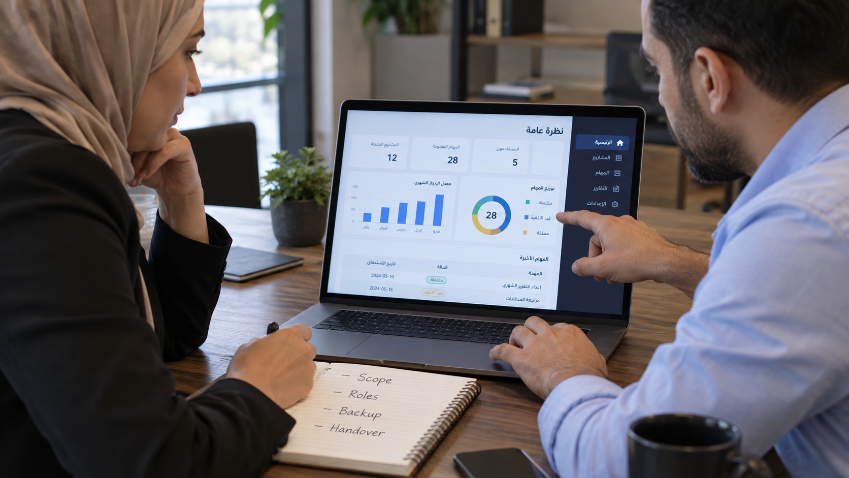 A buyer and engineer reviewing scope, roles, backup and handover questions in a generated scene