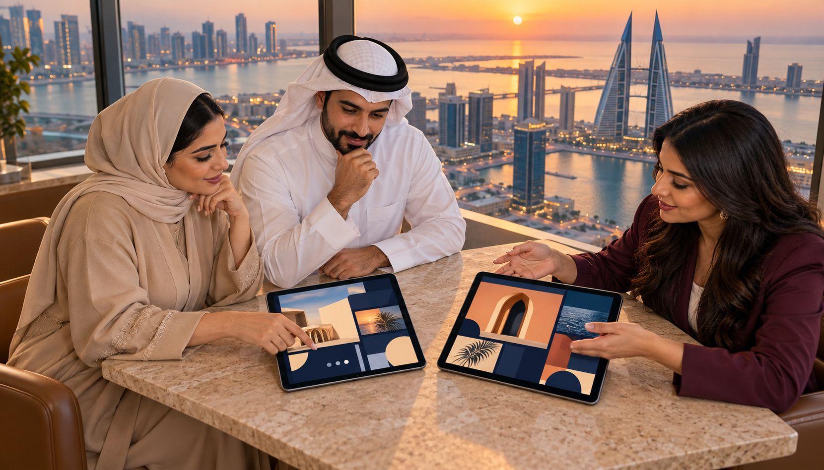 Generated Bahraini business team comparing fictional bilingual website designs against the Manama skyline