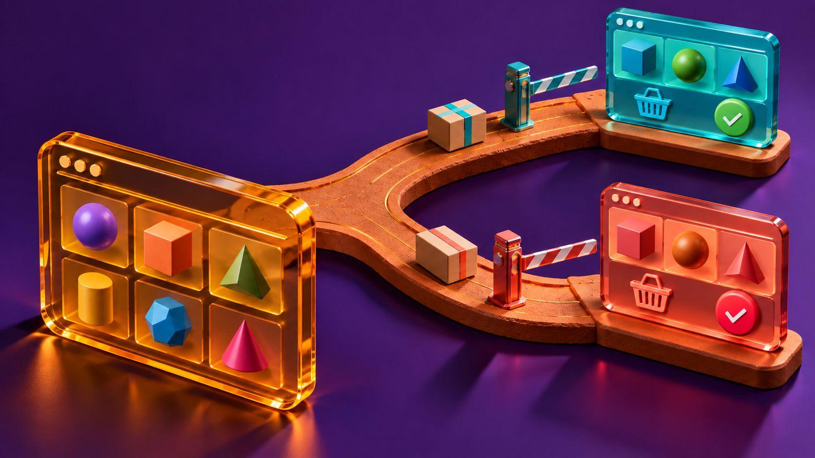 Generated sculptural website path branching into separate service and delivery choices for two markets