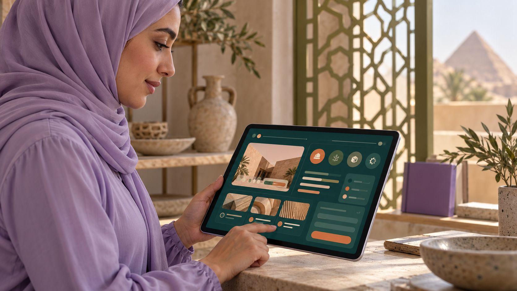 Generated Giza manager reviewing a fictional Arabic-direction layout, not an agency's actual work