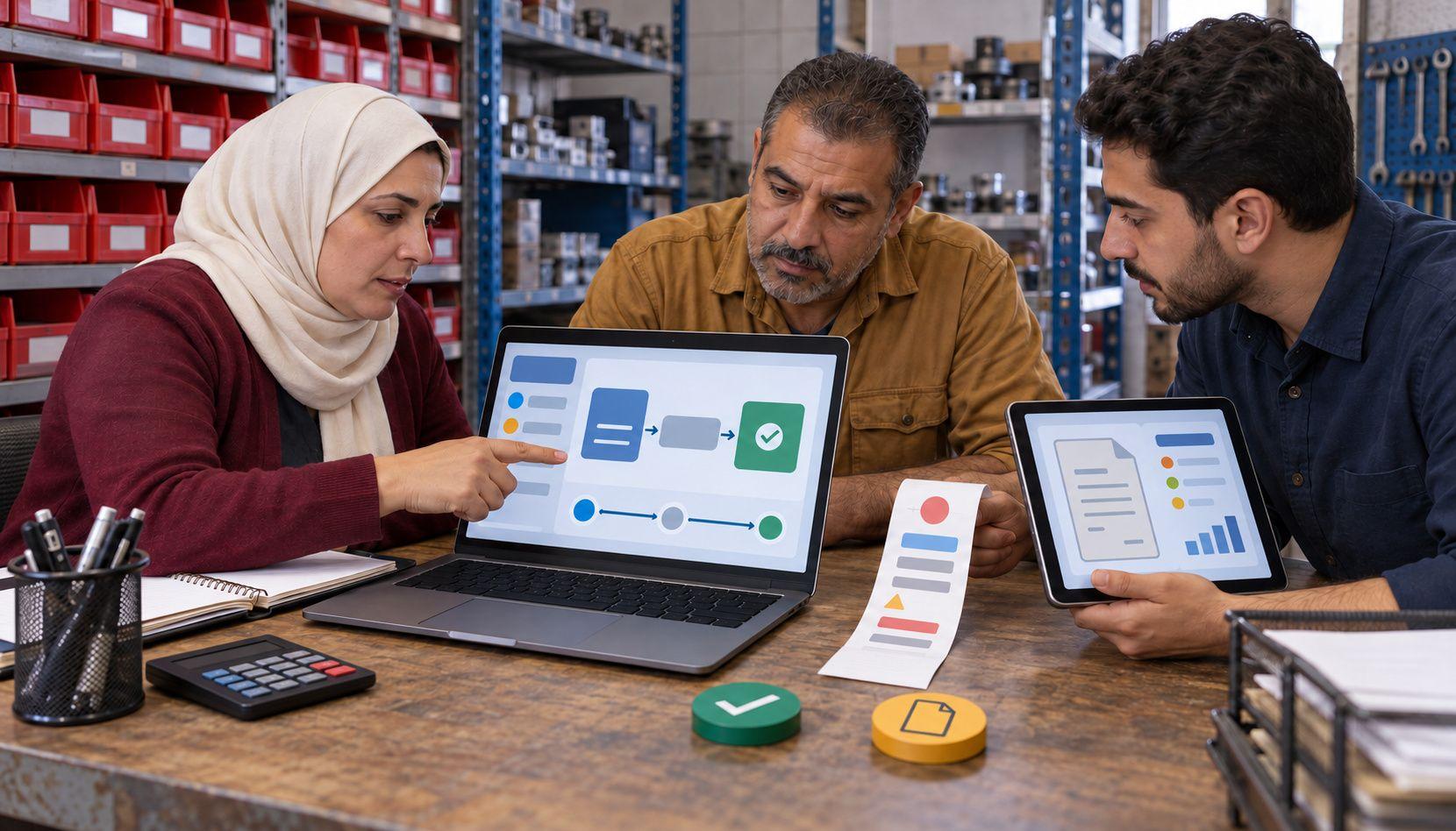 Generated Zarqa workshop distinguishing fictional paid-order and issued-invoice states on separate displays