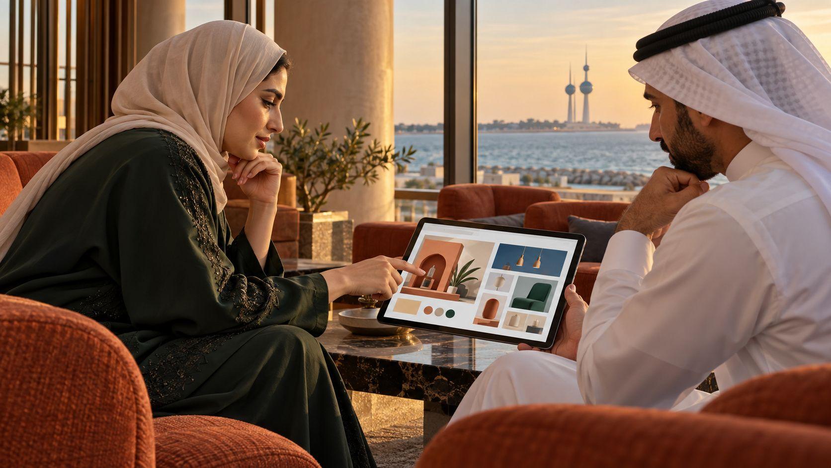Generated Kuwaiti business owners comparing fictional website layouts by the Kuwait City waterfront
