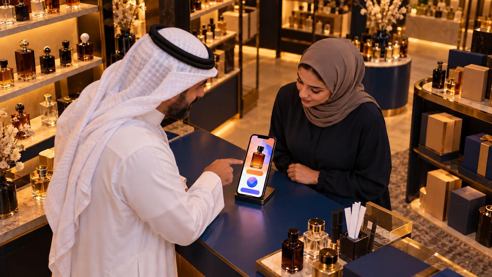 Generated Kuwaiti perfume retailer and product manager reviewing a fictional mobile checkout in Hawally