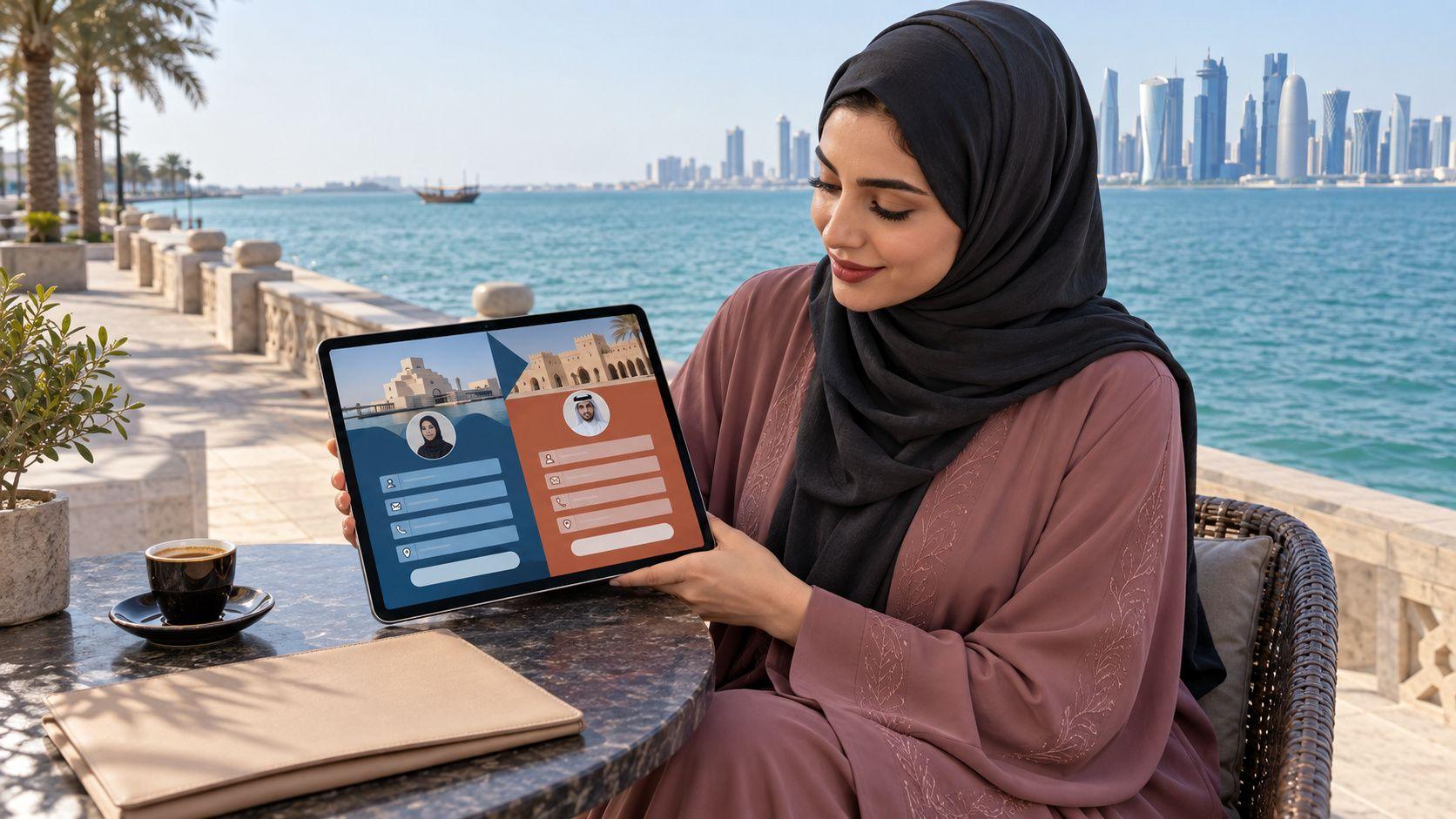 Generated Qatari businesswoman reviewing a fictional bilingual contact form beside Doha Corniche
