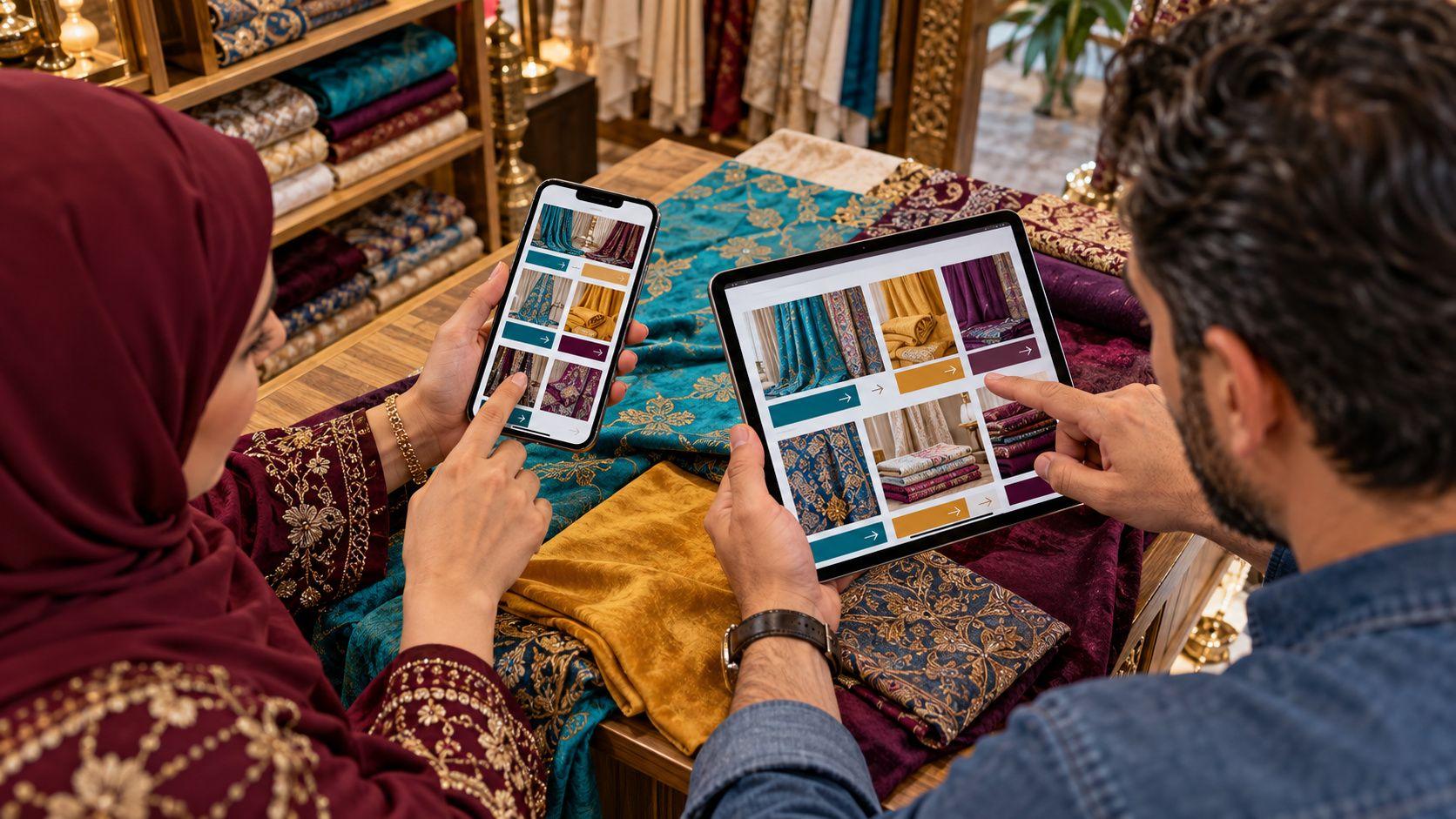 Generated multilingual mobile-order review in an Istanbul textile showroom