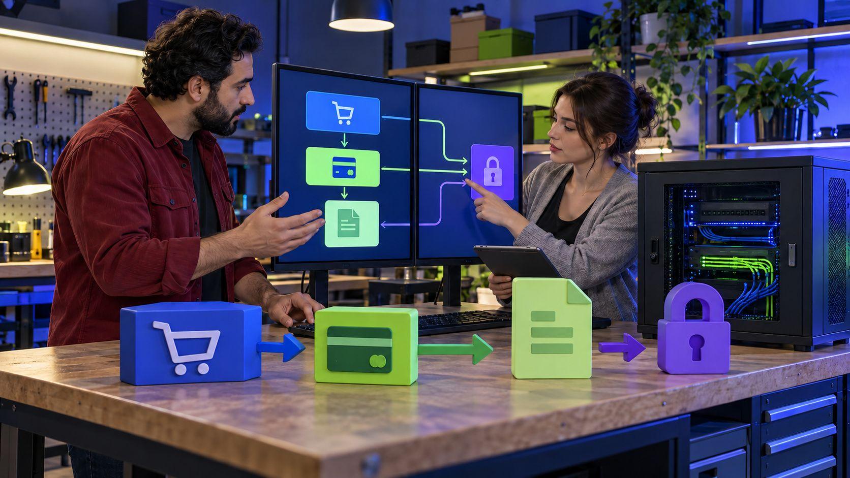 Generated Turkish workshop separating store orders, payments, invoices and data access