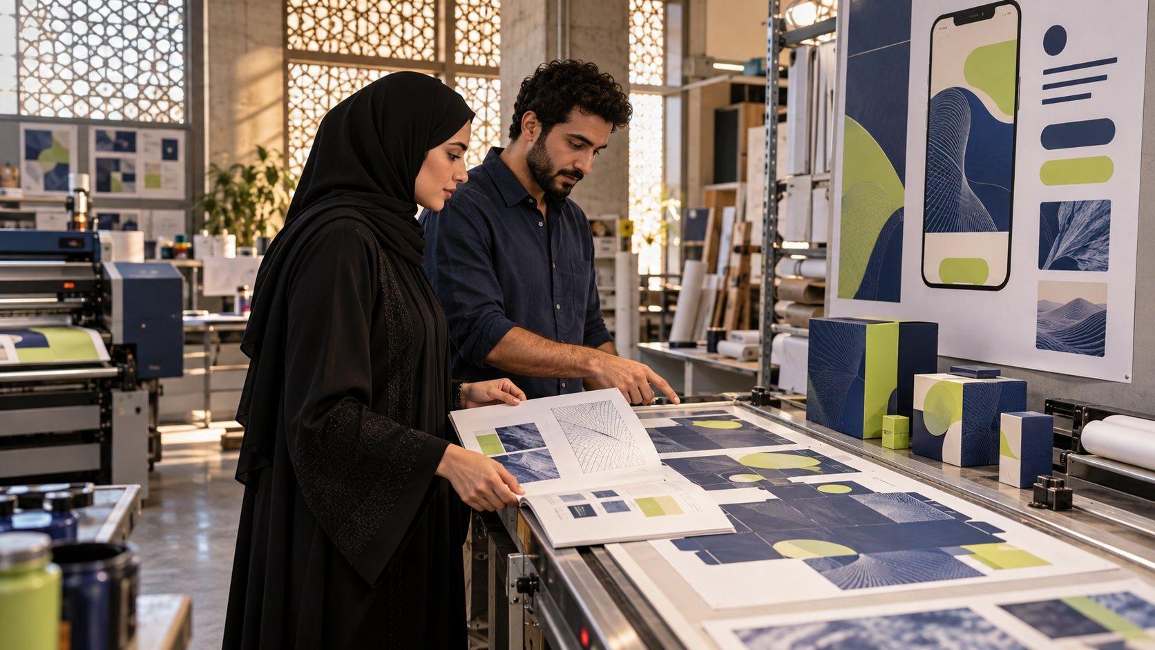 Generated Doha production-workroom review of print samples, visual rules and a conceptual digital application