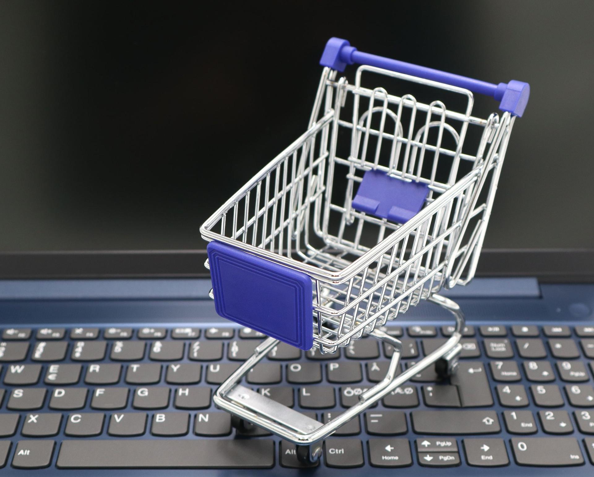 Mini shopping cart on a laptop illustrating brochure site versus online store
