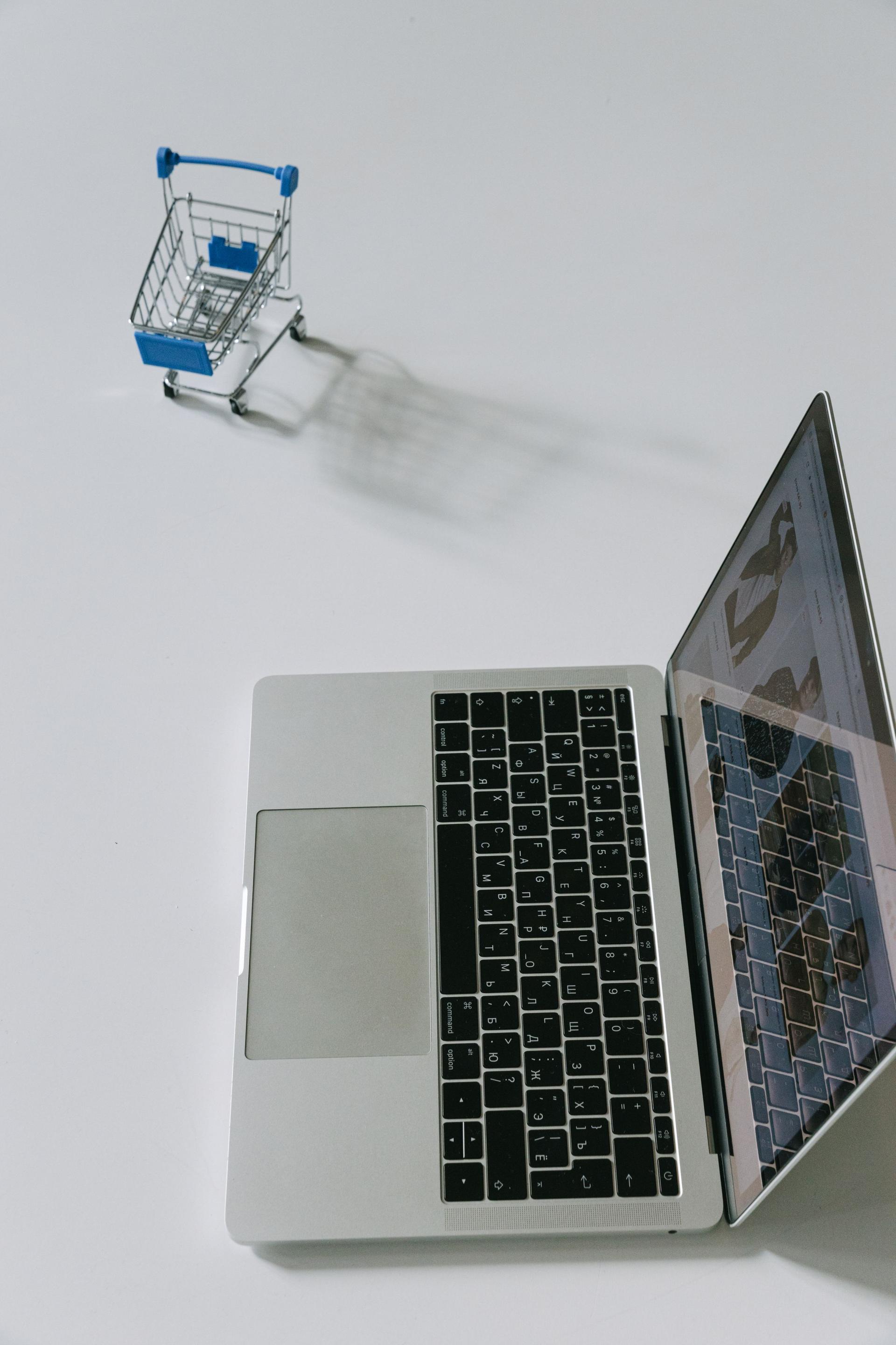 Laptop and small cart representing an upgrade from catalogue to store