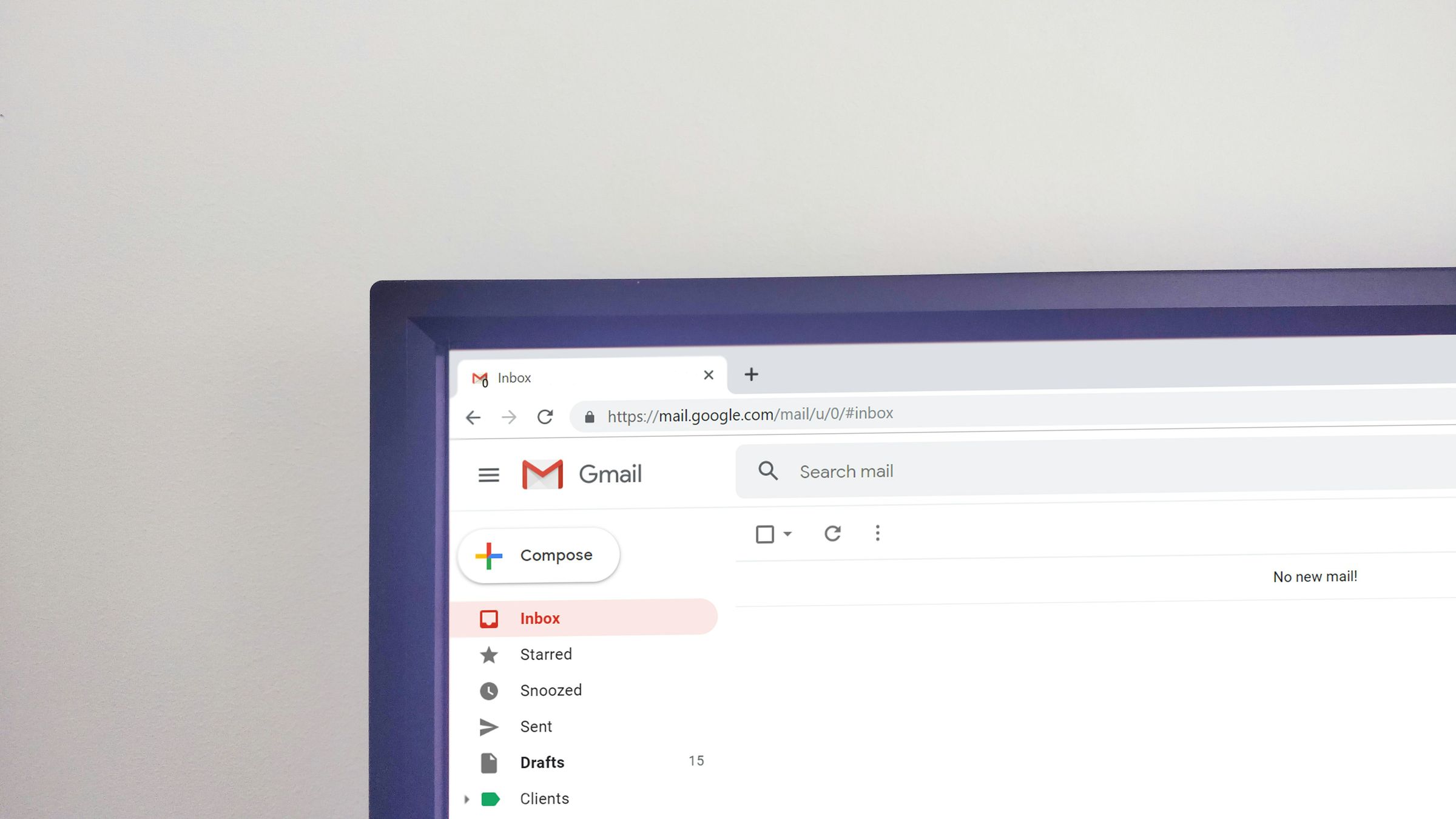 Inbox, Sent and Drafts folders on a photographed monitor