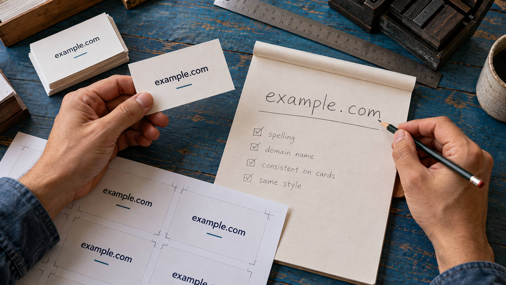 Checking example.com spelling on a draft business card