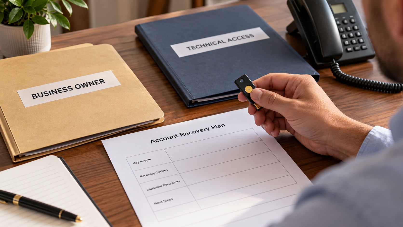 Security key and business-owner account recovery worksheet