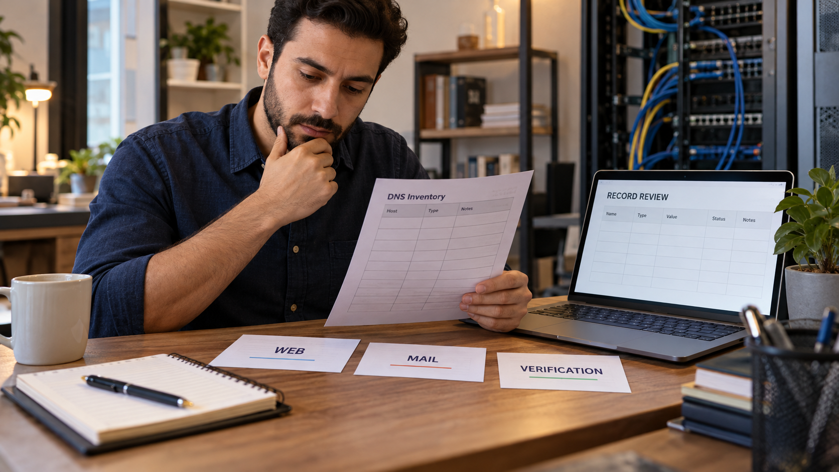 Technician reviewing web, mail and verification record inventory