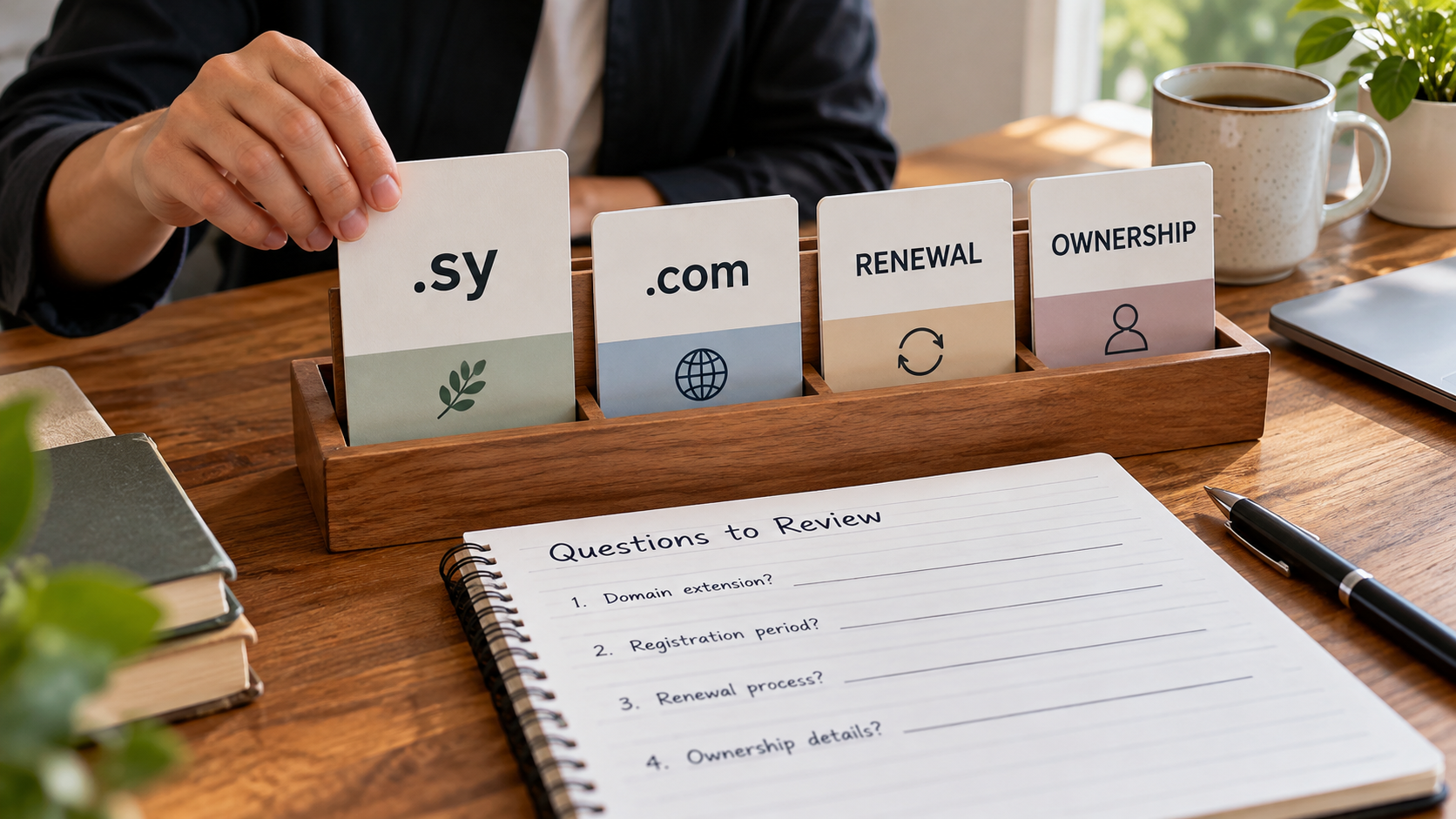 Question cards for .sy, .com, renewal and ownership