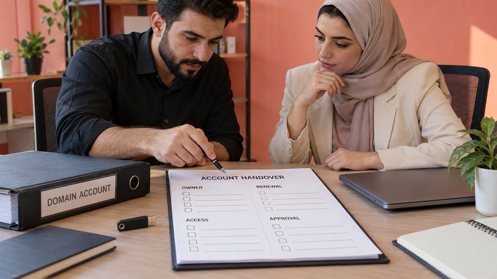 Fictional business owner and technical lead reviewing an empty account handover form
