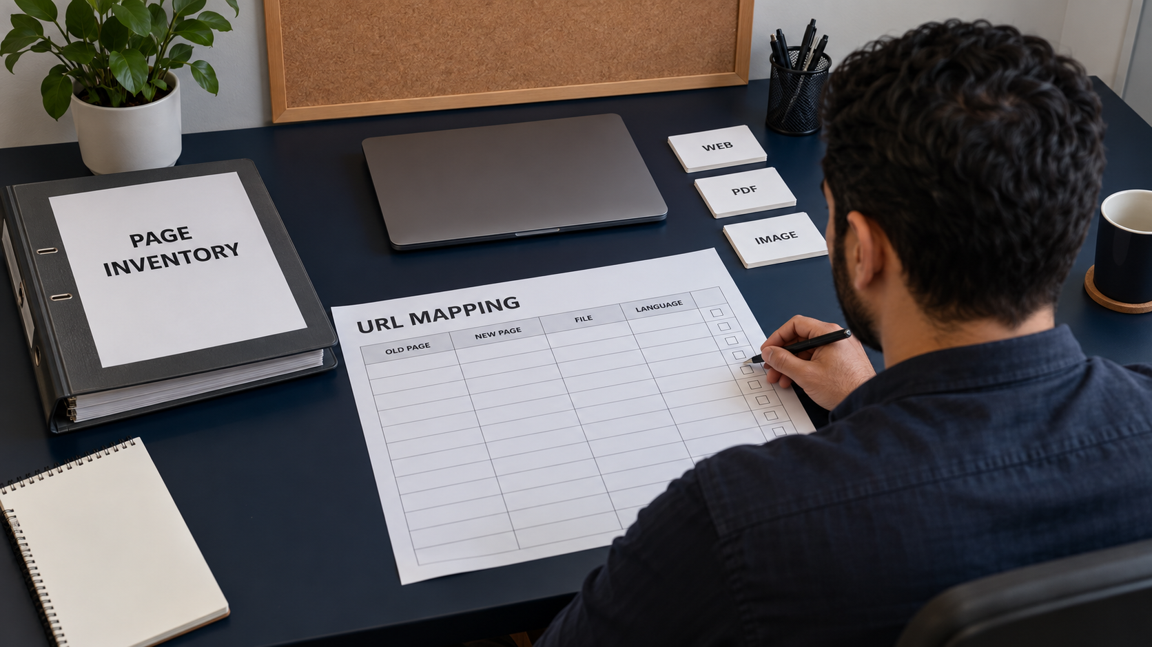 Fictional developer reviewing an empty URL mapping grid and a page inventory binder