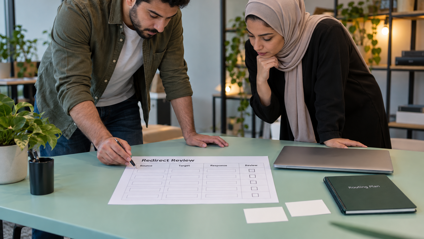 Fictional developers reviewing an empty source, destination and response planning sheet