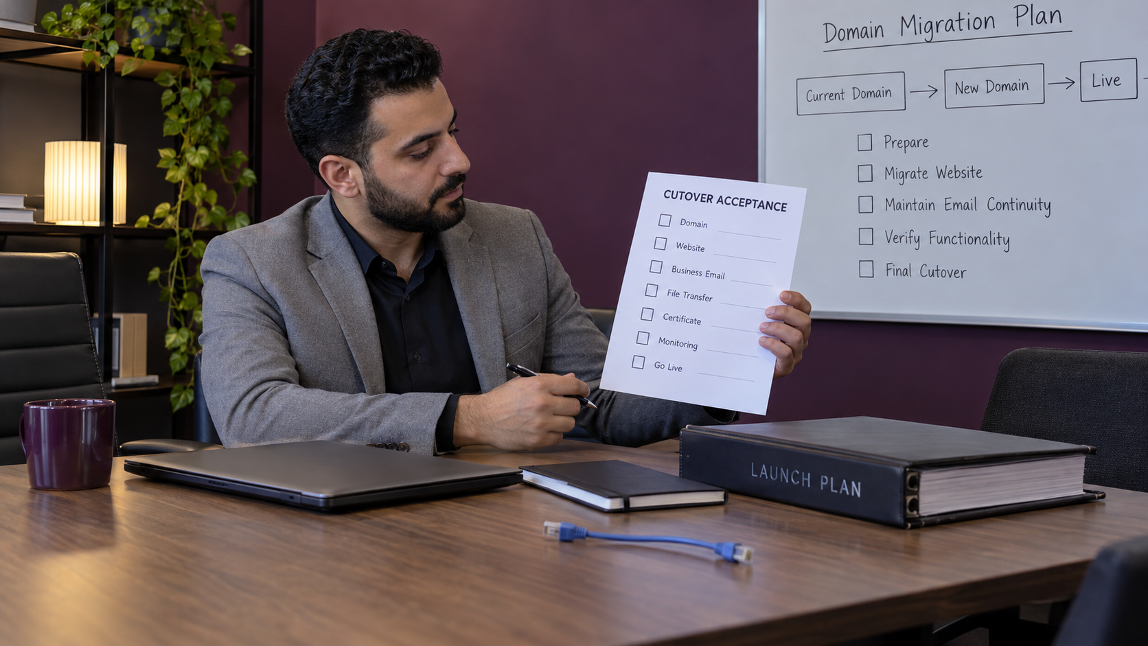 Fictional technical reviewer holding an empty cutover checklist for pages, forms, files and email