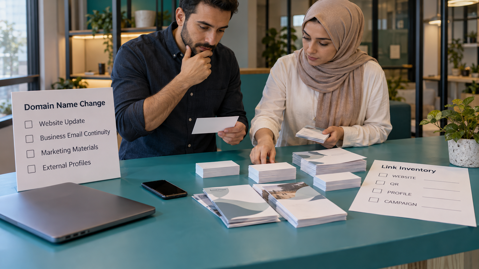 Fictional marketing and technical staff inventorying unbranded cards and an empty link-planning form