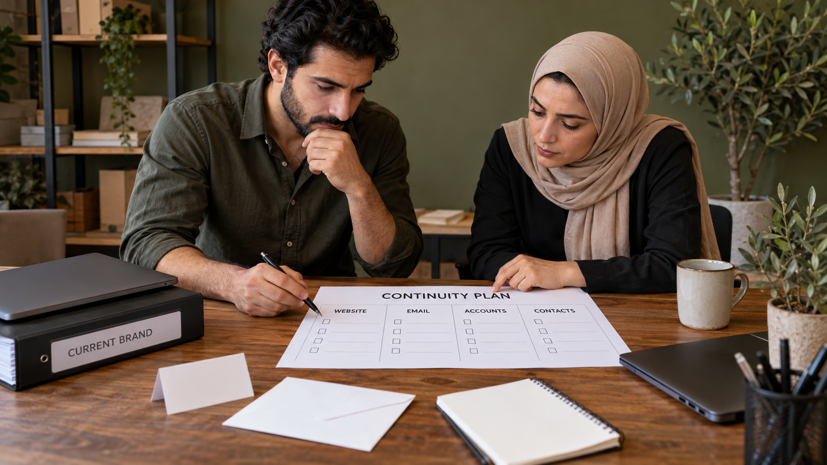 Fictional owner and developer reviewing an empty continuity plan for the website, email and accounts