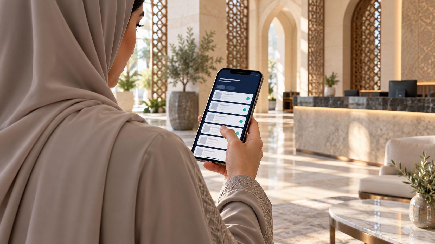 An Emirati procurement specialist checks an abstract registry interface on a phone