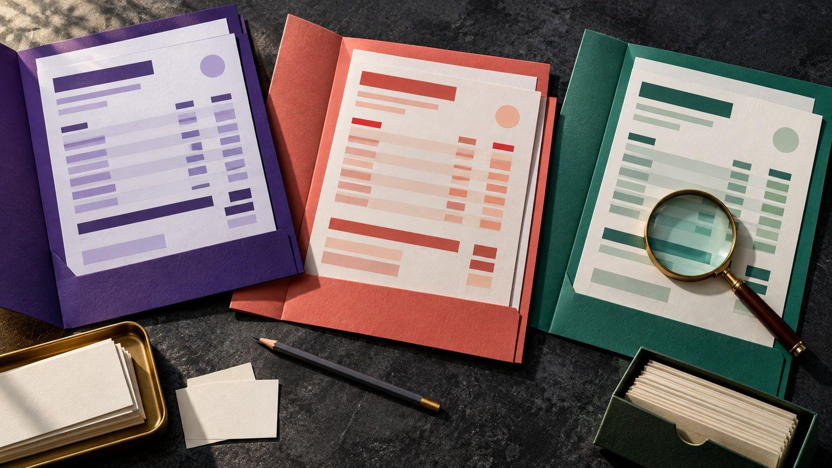 Three contrasting offer folders and removable archive cards for comparing contract terms